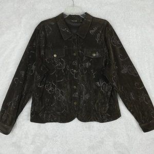 ELCC Womens Jacket Animal Print Faux‎ Suede Sequins Brown Brass Buttons XL